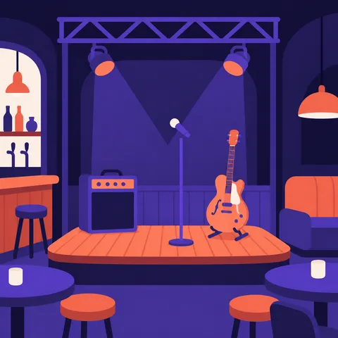 Ilustración de una tarima pequeña en un bar, con luces, un amplificador y una guitarra lista antes de que empiece el toque.