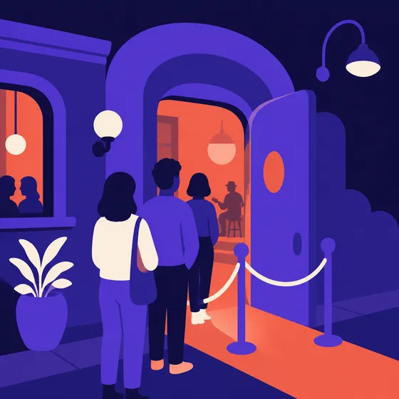 Ilustración de la entrada de un bar pequeño de noche, con la puerta abierta y varias personas esperando para entrar.