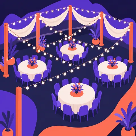 Ilustración de un salón de eventos pequeño montado con mesas redondas y luces colgantes, listo antes de que llegue la gente.